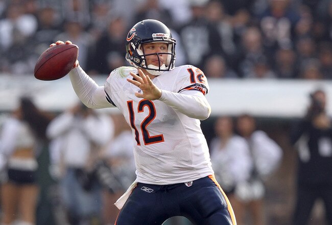 OAKLAND, CA - NOVEMBER 27:  Caleb Hanie #12 of the Chicago Bears in action against the Oakland Raiders at O.co Coliseum on November 27, 2011 in Oakland, California.  (Photo by Ezra Shaw/Getty Images)