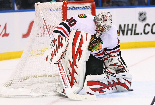 ST. LOUIS, MO - DECEMBER 3: Ray Emery #30 of the Chicago Blackhawks makes a save against the St. Louis Blues at the Scottrade Center  on December 3, 2011 in St. Louis, Missouri.  The Blackhawks beat the Blues 5-2.  (Photo by Dilip Vishwanat/Getty Images)