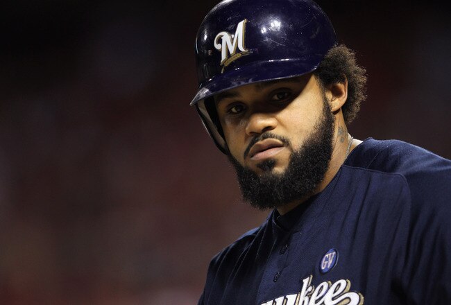 ST LOUIS, MO - OCTOBER 14:  Prince Fielder #28 of the Milwaukee Brewers looks on against the St. Louis Cardinals during Game Five of the National League Championship Series at Busch Stadium on October 14, 2011 in St Louis, Missouri.  (Photo by Jamie Squire/Getty Images)