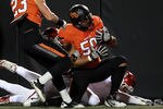 STILLWATER, OK - DECEMBER 03:  Jamie Blatnick #50 of the Oklahoma State Cowboys runs a 59 yard fumble recovery against the Oklahoma Sooners at Boone Pickens Stadium on December 3, 2011 in Stillwater, Oklahoma.  (Photo by Ronald Martinez/Getty Images)