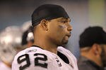 SAN DIEGO, CA - NOVEMBER 10:  Defensive lineman Richard Seymour #92 of the Oakland Raiders looks on from the sidelines in the game with the San Diego Chargers at Qualcomm Stadium on November 10, 2011 in San Diego, California.  The Raiders won 24-17.  (Photo by Stephen Dunn/Getty Images)
