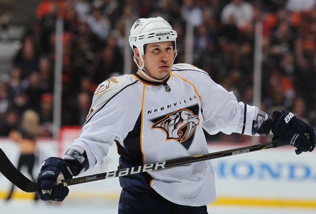 ANAHEIM, CA - APRIL 13:  Jordin Tootoo #22 of the Nashville Predators looks on against the Anaheim Ducks in Game One of the Western Conference Quarterfinals during the 2011 NHL Stanley Cup Playoffs at Honda Center on April 13, 2011 in Anaheim, California. The Predators defeated the Ducks 4-1.  (Photo by Jeff Gross/Getty Images)