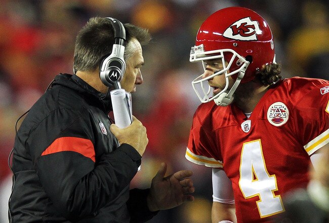 KANSAS CITY, MO - NOVEMBER 27: Quarterbacks coach Jim Zorn talks with quarterback Tyler Palko #4 of the Kansas City Chiefs during a timeout in the game against the Pittsburgh Steelers on November 27, 2011 at Arrowhead Stadium in Kansas City, Missouri.  (Photo by Jamie Squire/Getty Images)