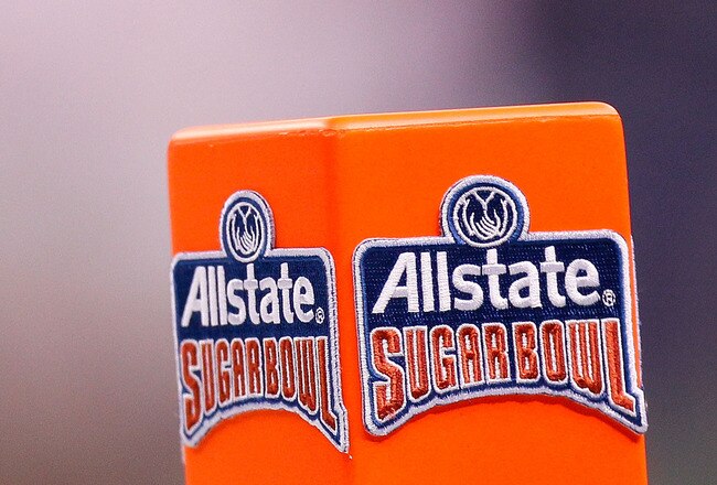 NEW ORLEANS, LA - JANUARY 04:  A detail photo of the pylon during the Allstate Sugar Bowl between the Arkansas Razorbacks and Ohio State Buckeyes at the Louisiana Superdome on January 4, 2011 in New Orleans, Louisiana.  (Photo by Kevin C. Cox/Getty Images)