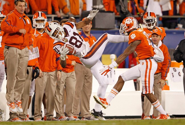 CHARLOTTE, NC - DECEMBER 03: Jarrett Boykin #81 of the Virginia Tech Hokies makes a catch during the ACC Championship game at Bank of America Stadium on December 3, 2011 in Charlotte, North Carolina.  (Photo by Mike Ehrmann/Getty Images)