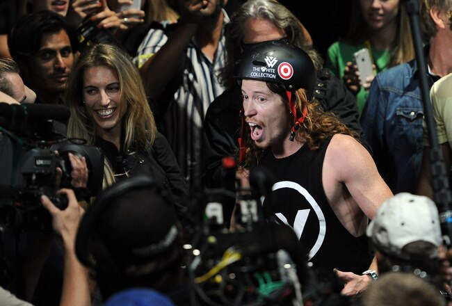 LOS ANGELES, CA - JULY 30:  Shaun White celebrates a gold medal in the Skateboard Vert Final during day 3 of X Games 17 at the Nokia Theatre at LA Live on July 30, 2011 in Los Angeles, California.  (Photo by Harry How/Getty Images)