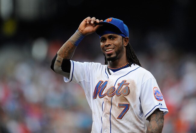 NEW YORK, NY - SEPTEMBER 24:  Jose Reyes #7 of the New York Mets acknowledges the crowd during the sixth inning of a game against the Philadelphia Phillies at Citi Field on September 24, 2011 in the Flushing neighborhood of the Queens borough of New York City.  (Photo by Patrick McDermott/Getty Images)