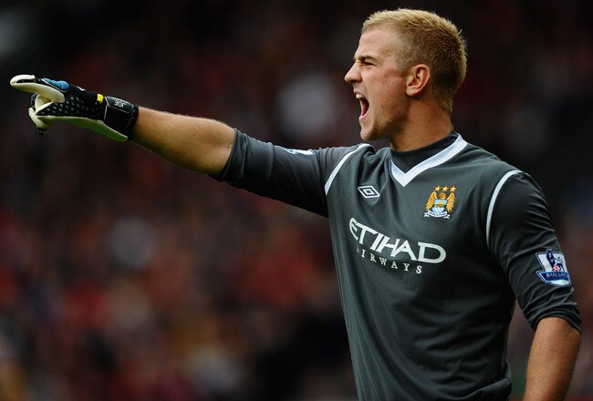 MANCHESTER, ENGLAND - OCTOBER 23:  Joe Hart of Manchester City in action during the Barclays Premier League match between Manchester United and Manchester City at Old Trafford on October 23, 2011 in Manchester, England.  (Photo by Laurence Griffiths/Getty Images)
