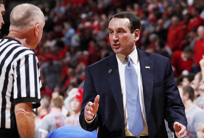 COLUMBUS, OH - NOVEMBER 29: Duke Blue Devils head coach Mike Krzyzewski argues with an official during the game against the Ohio State Buckeyes at Value City Arena on November 29, 2011 in Columbus, Ohio. Ohio State beat Duke 85-63. (Photo by Joe Robbins/Getty Images)