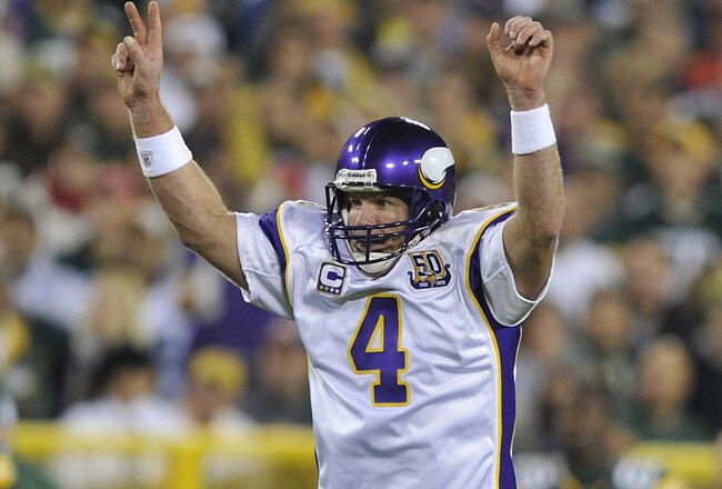 GREEN BAY, WI - OCTOBER 24:   Brett Favre #4 of the Minnesota Vikings celebrates a touchdown against the Green Bay Packers at Lambeau Field on October 24, 2010 in Green Bay, Wisconsin. (Photo by Jim Prisching/Getty Images)