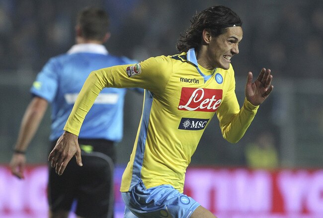 BERGAMO, ITALY - NOVEMBER 26:  Edinson Cavani of SSC Napoli celebrates his goal during the Serie A match between Atalanta BC and SSC Napoli at Stadio Atleti Azzurri d'Italia on November 26, 2011 in Bergamo, Italy.  (Photo by Marco Luzzani/Getty Images)