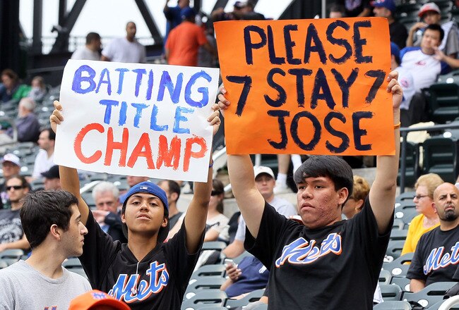NEW YORK, NY - SEPTEMBER 28:  Fans hold banners in reference to Jose Reyes #7 of the New York Mets during the game against the Cincinnati Reds at Citi Field on September 28, 2011 in the Flushing neighborhood of the Queens borough of New York City.  (Photo by Jim McIsaac/Getty Images)
