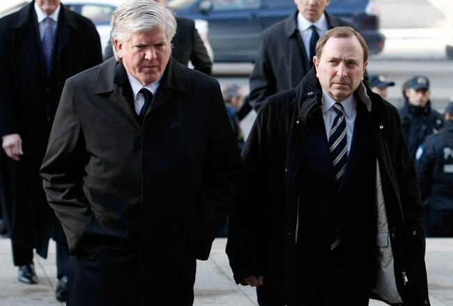 MONTREAL, CANADA - NOVEMBER 29:  Toronto Maple Leafs General Manager Brian Burke and NHL Commisioner Gary Bettman arrive at the memorial service for former NHL coach Pat Burns at the Mary, Queen of the World Cathedral on November 29, 2010 in Montreal, Quebec, Canada.  (Photo by Richard Wolowicz/Getty Images)