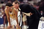 15 Mar 1998:  Guard Bryce Drew of the Valparaiso Crusaders talks to his father and coach Homer Drew during a game against the Florida State Seminoles in the second round of the NCAA Tournament at the Myriad in Oklahoma City, Oklahoma.  Florida State defea