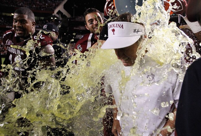 COLUMBIA, SC - NOVEMBER 26:  Head coach Steve Spurrier of the South Carolina Gamecocks is covered in Gatorade after defeating the Clemson Tigers 34-13 at Williams-Brice Stadium on November 26, 2011 in Columbia, South Carolina.  (Photo by Streeter Lecka/Getty Images)