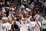 ATLANTA, GA - APRIL 28:  Jamal Crawford #11 of the Atlanta Hawks reacts to the fans after a basket against the Orlando Magic during Game Six of the Eastern Conference Quarterfinals in the 2011 NBA Playoffs at Philips Arena on April 28, 2011 in Atlanta, Georgia.  NOTE TO USER: User expressly acknowledges and agrees that, by downloading and or using this photograph, User is consenting to the terms and conditions of the Getty Images License Agreement.  (Photo by Kevin C. Cox/Getty Images)