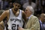 SAN ANTONIO - MAY 17:  Head coach Gregg Popovich of the San Antonio Spurs talks with Tim Duncan #21 during a timeout late in the fourth quarter against the Dallas Mavericks in Game Five of the Western Conference Semifinals during the 2006 NBA Playoffs May 17, 2006 at AT&T Center in San Antonio, Texas. The SPurs won 98-97. NOTE TO USER: User expressly acknowledges and agrees that, by downloading and or using this photograph, User is consenting to the terms and conditions of the Getty Images License Agreement.  (Photo by Stephen Dunn/Getty Images)