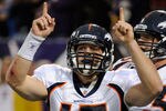MINNEAPOLIS, MN - DECEMBER 4: Tim Tebow #15 of the Denver Broncos celebrates a two point conversion against the Minnesota Vikings in the fourth quarter on December 4, 2011 at Mall of America Field at the Hubert H. Humphrey Metrodome in Minneapolis, Minnesota. The Broncos defeated the Vikings 35-32. (Photo by Hannah Foslien/Getty Images)