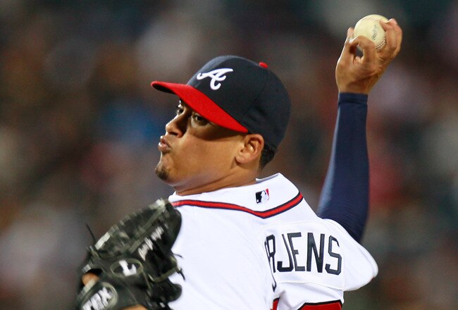 ATLANTA, GA - AUGUST 17:  Jair Jurrjens #49 of the Atlanta Braves against the San Francisco Giants at Turner Field on August 17, 2011 in Atlanta, Georgia.  (Photo by Kevin C. Cox/Getty Images)