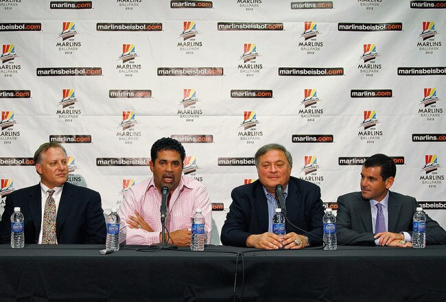 MIAMI GARDENS, FL - SEPTEMBER 28:  (L to R) Florida Marlins President of Baseball Operations Larry Beinfest , Ozzie Guillen , Florida Marlins owner Jeffrey Loria  and Florida Marlins President David P. Samson attend a press conference to announce Guillen as the new manage at Sun Life Stadium on September 28, 2011 in Miami Gardens, Florida.  (Photo by Mike Ehrmann/Getty Images)