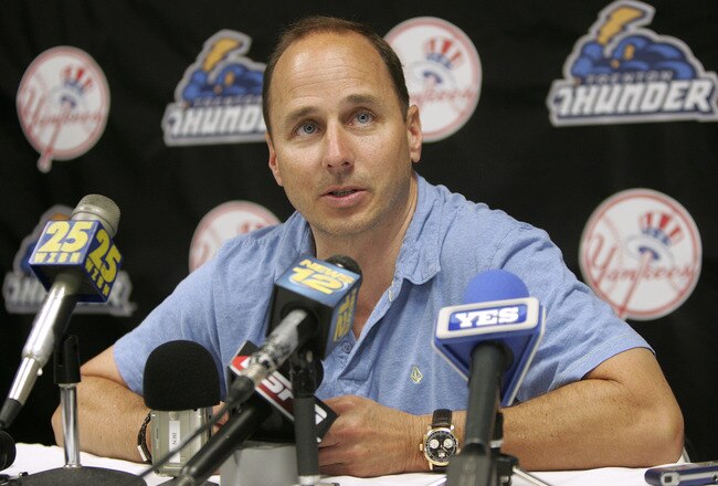 TRENTON, NJ - JULY 2: Brian Cashman, General Manager of the New York Yankees answers questions about Derek Jeter's first  start of his minor league rehab with the Trenton Thunder in a game against the Altoona Curve on July 2, 2011 at Mercer County Waterfront Park in Trenton, New Jersey. Jeter is set to rejoin the Yankees in Cleveland on Monday in his return from a calf injury. (Photo by Rich Schultz/Getty Images)