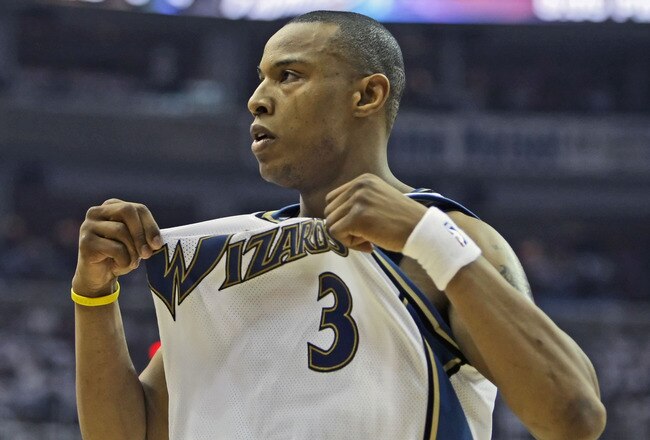 WASHINGTON - APRIL 24: Caron Butler #3 of the Washington Wizards celebrates by showing the fans his jersey during the game against Cleveland Cavaliers in Game Three of the Eastern Conference Quarterfinals during the 2008 NBA Playoffs at the Verizon Center on April 24, 2008 in Washington, DC. The Wizards won 108-72. NOTE TO USER: User expressly acknowledges and agrees that, by downloading and or using this photograph, User is consenting to the terms and conditions of the Getty Images License Agreement. (Photo by Drew Hallowell/Getty Images)