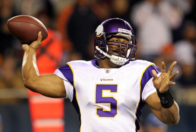 CHICAGO, IL - OCTOBER 16:  Quaretrback Donovan McNabb # 5 of the Minnesota Vikings passes during the game against the Chicago Bears on October 16, 2011 at Soldier Field in Chicago, Illinois.  (Photo by Jamie Squire/Getty Images)