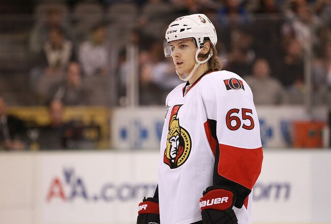 DALLAS, TX - DECEMBER 01:  Erik Karlsson #65 of the Ottawa Senators at American Airlines Center on December 1, 2011 in Dallas, Texas.  (Photo by Ronald Martinez/Getty Images)
