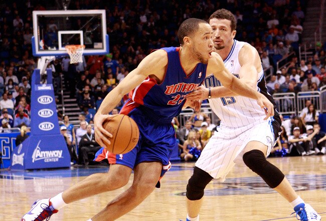 ORLANDO, FL - JANUARY 24:  Tayshaun Prince #22 of the Detroit Pistons drives against Hedo Turkoglu #15 of the Orlando Magic during the game at Amway Arena on January 24, 2011 in Orlando, Florida.  NOTE TO USER: User expressly acknowledges and agrees that, by downloading and or using this Photograph, user is consenting to the terms and conditions of the Getty Images License Agreement.  (Photo by Sam Greenwood/Getty Images)