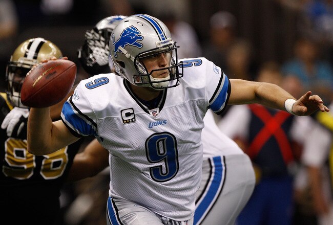 NEW ORLEANS, LA - DECEMBER 04:  Quarterback Matthew Stafford #9 of the Detroit Lions looks to pass against the New Orleans Saints at Mercedes-Benz Superdome on December 4, 2011 in New Orleans, Louisiana.  (Photo by Chris Graythen/Getty Images)