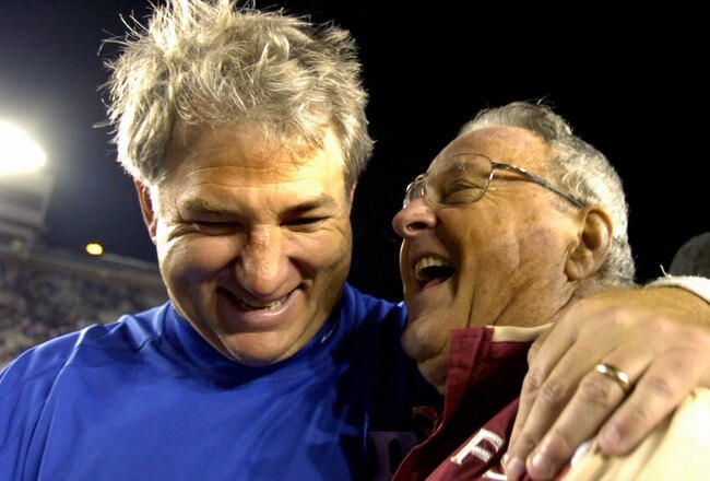 TALLAHASSEE, FL - OCTOBER 27: Coach Ted Roof (L) of the Duke Blue Devils hugs coach Bobby Bowden of the Florida State Seminoles after play at Doak Campbell Stadium on October 27, 2007 in Tallahassee, Florida.  FSU won 25 - 6. (Photo by Al Messerschmidt/Getty Images)