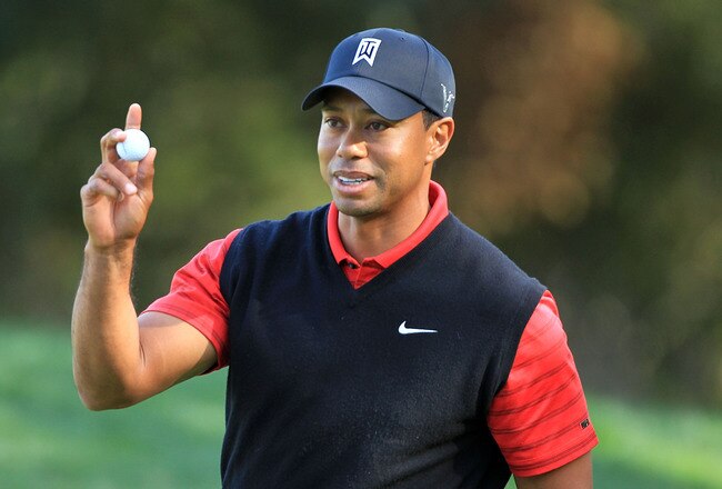 THOUSAND OAKS, CA - DECEMBER 04:  Tiger Woods celebrates a birdie putt on the tenth hole during the final round of the Chevron World Challenge at Sherwood Country Club on December 4, 2011 in Thousand Oaks, California.  (Photo by Scott Halleran/Getty Images)