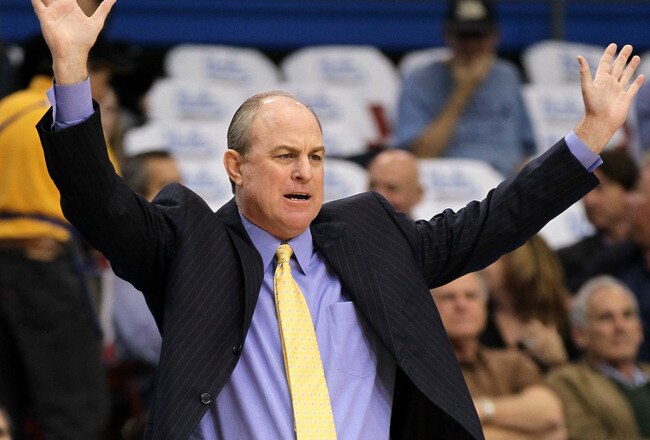 LOS ANGELES, CA - NOVEMBER 28:  Head coach Ben Howland of the UCLA Bruins gestures during the game with the Pepperdine Waves at LA Sports Arena on November 28, 2011 in Los Angeles, California.   UCLA won 62-39.  (Photo by Stephen Dunn/Getty Images)