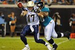 JACKSONVILLE, FL - DECEMBER 5:  Quarterback Philip Rivers #17 of the San Diego Chargers dumps a pass under pressure from defensive tackle Terrance Knighton #96 of the Jacksonville Jaguars in a Monday Night Football game December 5, 2011 at EverBank Field in Jacksonville, Florida.  (Photo by Al Messerschmidt/Getty Images)