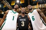 MIAMI, FL - OCTOBER 08:  Chris Bosh, Dwyane Wade, and LeBron James address the fans during the South Florida All Star Classic at Florida International University on October 8, 2011 in Miami, Florida.  (Photo by Mike Ehrmann/Getty Images)