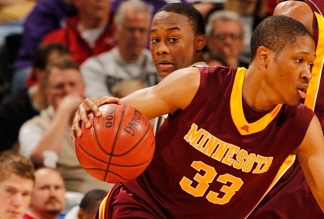 INDIANAPOLIS - MARCH 13:  Forward Rodney Williams #33 of the Minnesota Golden Gophers drives against the Purdue Boilermakers in the semifinals of the Big Ten Men's Basketball Tournament at Conseco Fieldhouse on March 13, 2010 in Indianapolis, Indiana.  (Photo by Jonathan Daniel/Getty Images)