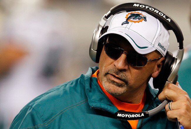 ARLINGTON, TX - NOVEMBER 24:  Head coach Tony Sparano of the Miami Dolphins leads his team against the Dallas Cowboys during the Thanksgiving Day game at Cowboys Stadium on November 24, 2011 in Arlington, Texas.  (Photo by Tom Pennington/Getty Images)