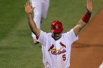 ST LOUIS, MO - OCTOBER 28:  Albert Pujols #5 of the St. Louis Cardinals scores on a two-run double by David Freese #23 in the first inning during Game Seven of the MLB World Series against the Texas Rangers at Busch Stadium on October 28, 2011 in St Louis, Missouri.  (Photo by Doug Pensinger/Getty Images)