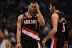 DALLAS, TX - APRIL 25:  (L-R) Brandon Roy #7 and Rudy Fernandez #5 of the Portland Trail Blazers in Game Five of the Western Conference Quarterfinals during the 2011 NBA Playoffs on April 25, 2011 at American Airlines Center in Dallas, Texas.  NOTE TO USER: User expressly acknowledges and agrees that, by downloading and or using this photograph, User is consenting to the terms and conditions of the Getty Images License Agreement.  (Photo by Ronald Martinez/Getty Images)