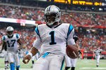 ATLANTA, GA - OCTOBER 16:  Cam Newton #1 of the Carolina Panthers reacts after scoring a touchdown against the Atlanta Falcons at Georgia Dome on October 16, 2011 in Atlanta, Georgia.  (Photo by Kevin C. Cox/Getty Images)