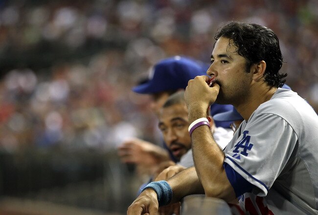 PHOENIX, AZ - JULY 15:  Andre Ethier #16 of the Los Angeles Dodgers watches from the dugout during the Major League Baseball game against the Arizona Diamondbacks at Chase Field on July 15, 2011 in Phoenix, Arizona. The Dodgers defeated the Diamondbacks 6-4.  (Photo by Christian Petersen/Getty Images)