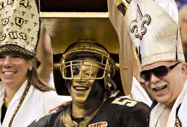 NEW ORLEANS, LA - NOVEMBER 28:   Fans of the New Orleans Saints have a good time during a game against the New York Giants at Mercedes-Benz Superdome on November 28, 2011 in New Orleans, Louisiana.  The Saints defeated the Giants 49 to 24.  (Photo by Wesley Hitt/Getty Images)