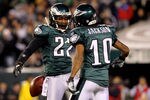 PHILADELPHIA - NOVEMBER 21:  Asante Samuel #22 of the Philadelphia Eagles celebrates with teammate DeSean Jackson #10 after an interception in the second quarter against the New York Giants at Lincoln Financial Field on November 21, 2010 in Philadelphia, Pennsylvania.  (Photo by Nick Laham/Getty Images)