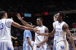 LEXINGTON, KY - DECEMBER 3: Doron Lamb #20 and Terrence Jones #3 of the Kentucky Wildcats celebrate against the North Carolina Tar Heels during their game at Rupp Arena on December 3, 2011 in Lexington, Kentucky. Kentucky won 73-72. (Photo by Joe Robbins/Getty Images)
