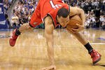 DALLAS, TX - APRIL 16:  Guard Brandon Roy #1 of the Portland Trail Blazers loses his balance in Game One of the Western Conference Quarterfinals during the 2011 NBA Playoffs on April 16, 2011 at American Airlines Center in Dallas, Texas.  NOTE TO USER: User expressly acknowledges and agrees that, by downloading and or using this photograph, User is consenting to the terms and conditions of the Getty Images License Agreement.  (Photo by Ronald Martinez/Getty Images)