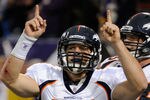 MINNEAPOLIS, MN - DECEMBER 4: Tim Tebow #15 of the Denver Broncos celebrates a two point conversion against the Minnesota Vikings in the fourth quarter on December 4, 2011 at Mall of America Field at the Hubert H. Humphrey Metrodome in Minneapolis, Minnesota. The Broncos defeated the Vikings 35-32. (Photo by Hannah Foslien/Getty Images)