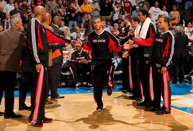 DENVER - MARCH 05:  Brandon Roy #7 of the Portland Trail Blazers is introduced prior to facing the Denver Nuggets during NBA action at the Pepsi Center on March 5, 2009 in Denver, Colorado. The Nuggets defeated the Trail Blazers 106-90. NOTE TO USER: User expressly acknowledges and agrees that, by downloading and/or using this Photograph, user is consenting to the terms and conditions of the Getty Images License Agreement.  (Photo by Doug Pensinger/Getty Images)