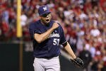 ST LOUIS, MO - OCTOBER 13:  Francisco Rodriguez #57 of the Milwaukee Brewers reacts after he struck out Yadier Molina #4 of the St. Louis Cardinals to end the bottom of the eighth inning during Game 4 of the National League Championship Series at Busch Stadium on October 13, 2011 in St. Louis, Missouri.  (Photo by Christian Petersen/Getty Images)