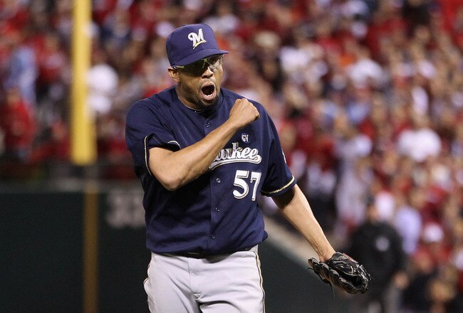 ST LOUIS, MO - OCTOBER 13:  Francisco Rodriguez #57 of the Milwaukee Brewers reacts after he struck out Yadier Molina #4 of the St. Louis Cardinals to end the bottom of the eighth inning during Game 4 of the National League Championship Series at Busch Stadium on October 13, 2011 in St. Louis, Missouri.  (Photo by Christian Petersen/Getty Images)