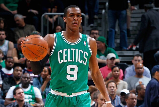 ATLANTA, GA - APRIL 01:  Rajon Rondo #9 of the Boston Celtics against the Atlanta Hawks at Philips Arena on April 1, 2011 in Atlanta, Georgia.  NOTE TO USER: User expressly acknowledges and agrees that, by downloading and/or using this Photograph, user is consenting to the terms and conditions of the Getty Images License Agreement.  (Photo by Kevin C. Cox/Getty Images)